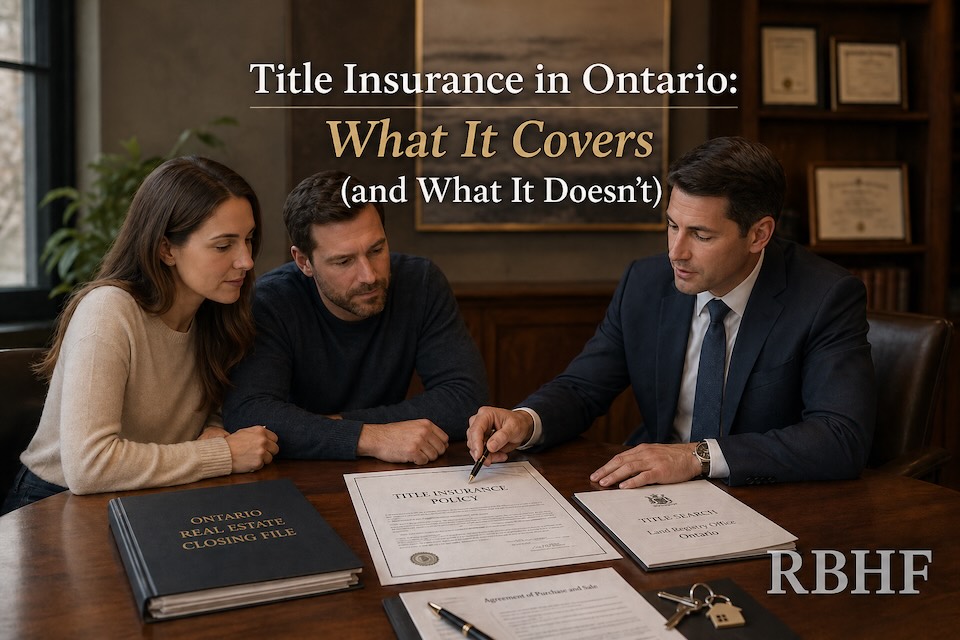 Lawyer reviewing title insurance coverage and closing documents with homebuyers in Ontario