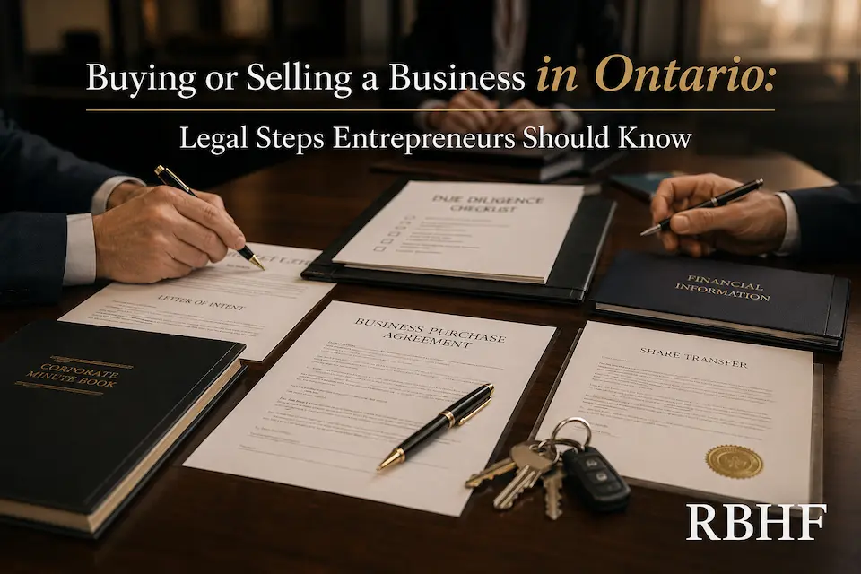 Business purchase agreement, due diligence documents, share transfer papers, and commercial keys for an Ontario business transaction