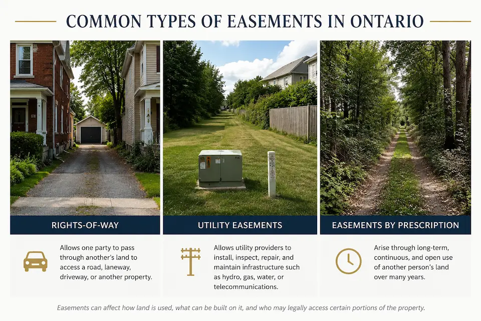 Infographic showing rights-of-way, utility easements, and easements by prescription in Ontario real estate
