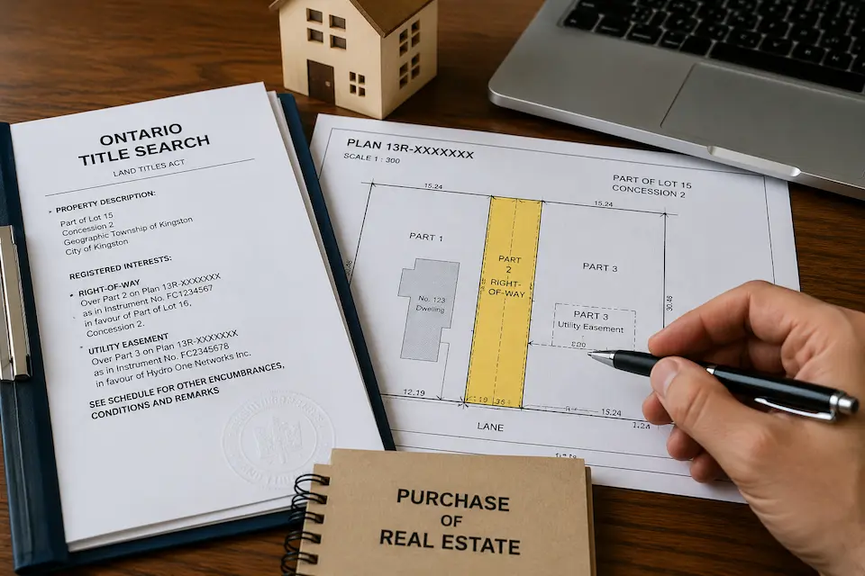 Ontario title search and property survey showing a highlighted right-of-way and utility easement during a real estate review