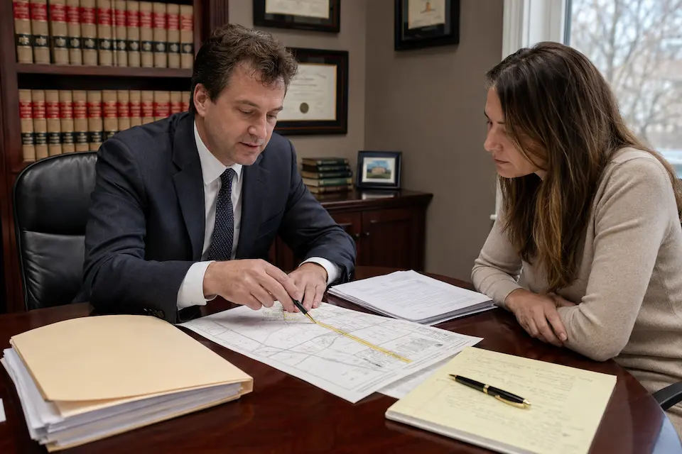 Ontario real estate lawyer reviewing an easement and property survey with a client