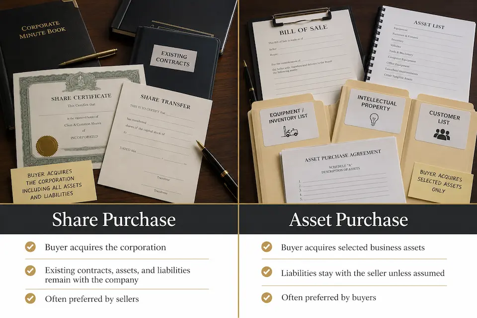 Infographic comparing share purchase and asset purchase structures in an Ontario business transaction